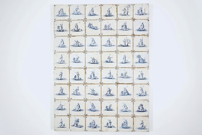 Un panneau de 48 carreaux en fa&iuml;ence de Delft bleu et blanc aux bergers, 17&egrave;me